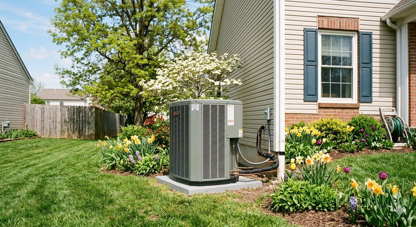 Residential central air conditioner condenser unit beside a house exterior on a bright spring day with green grass and clear sky