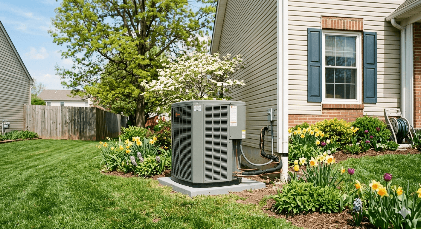 Residential central air conditioner condenser unit beside a house exterior on a bright spring day with green grass and clear sky