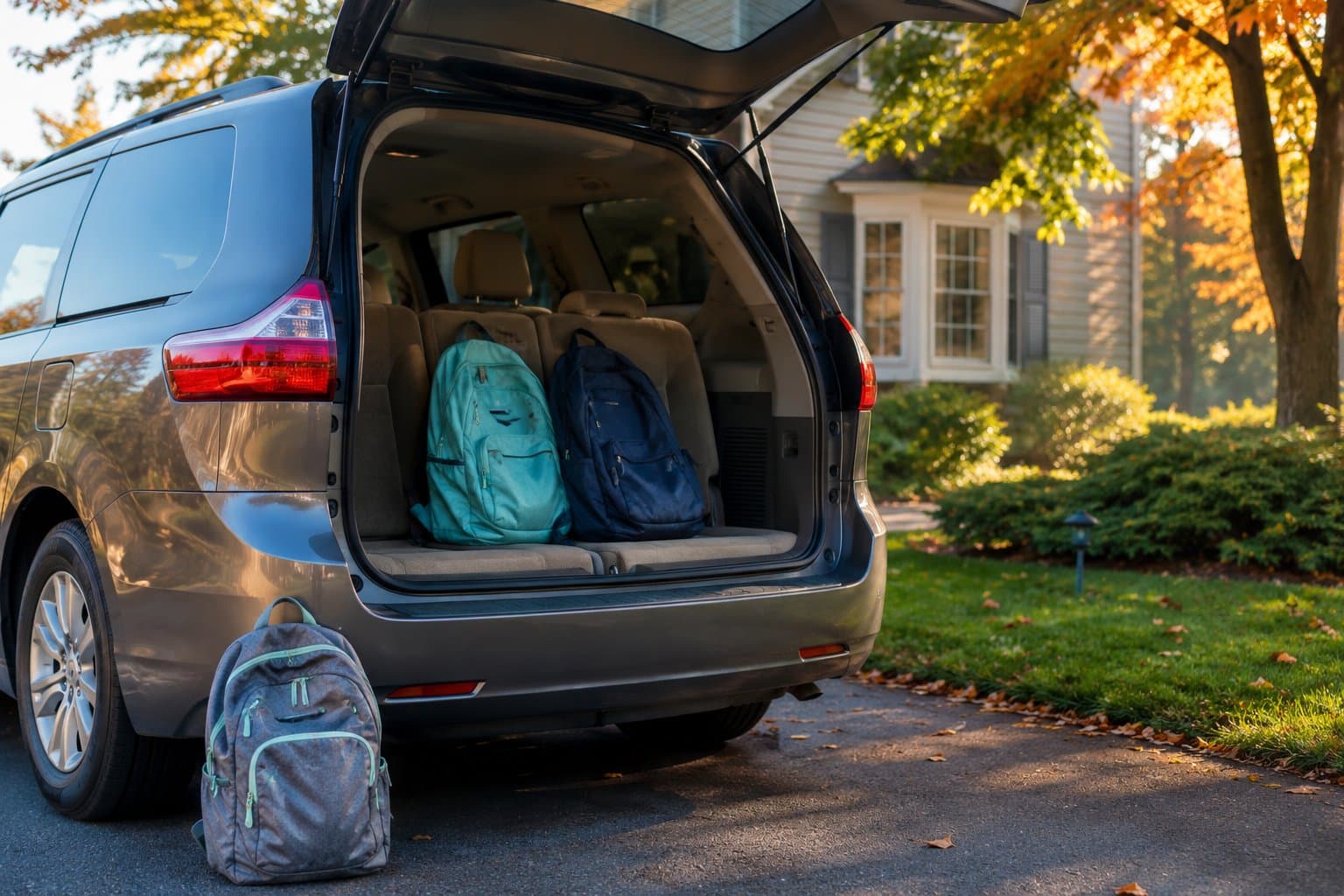 A parent's SUV in a driveway on an early fall morning with backpacks by the open rear door, ready for the school run