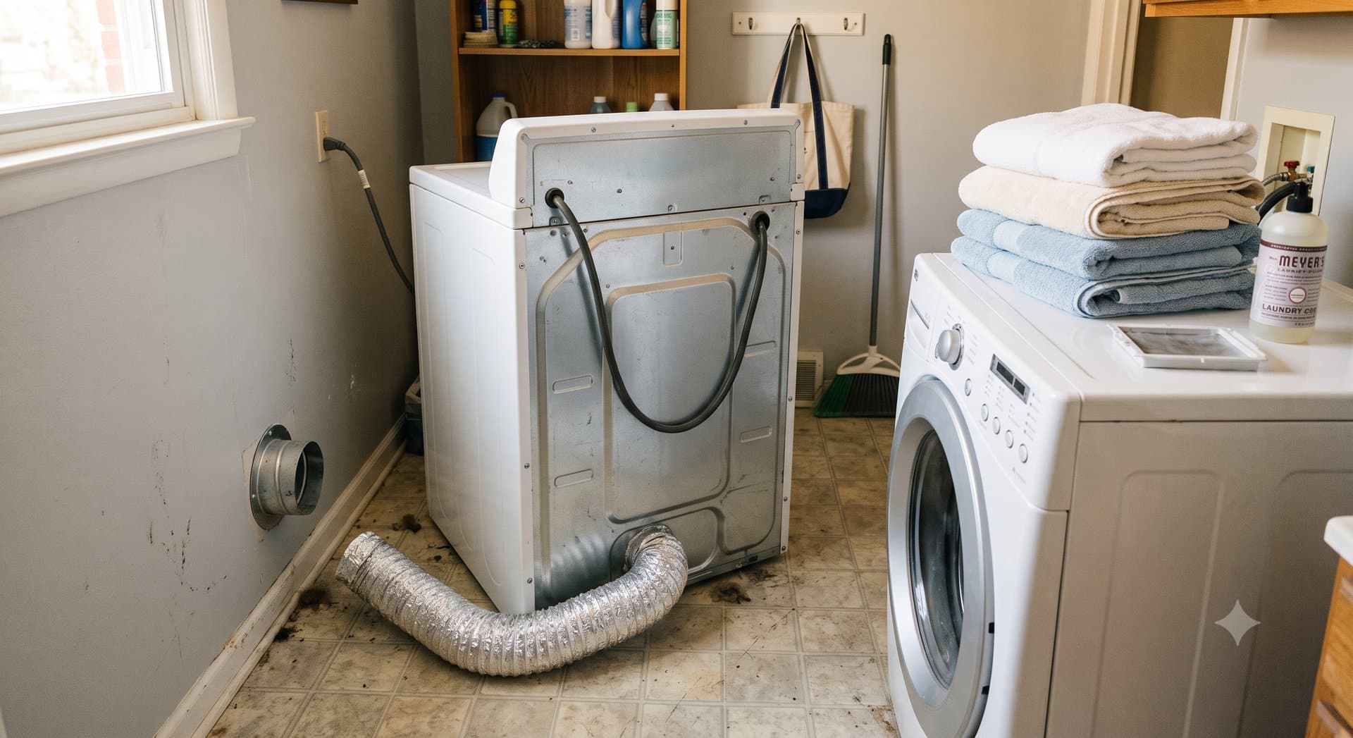 A residential clothes dryer pulled away from the laundry room wall showing the flexible duct connection and the vent opening behind it