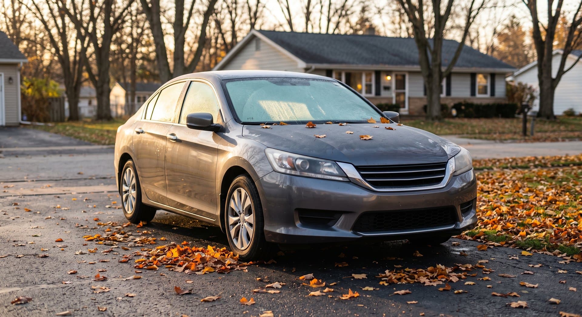 A sedan parked in a residential driveway on a cold fall morning with frost on the windshield and fallen leaves on the pavement