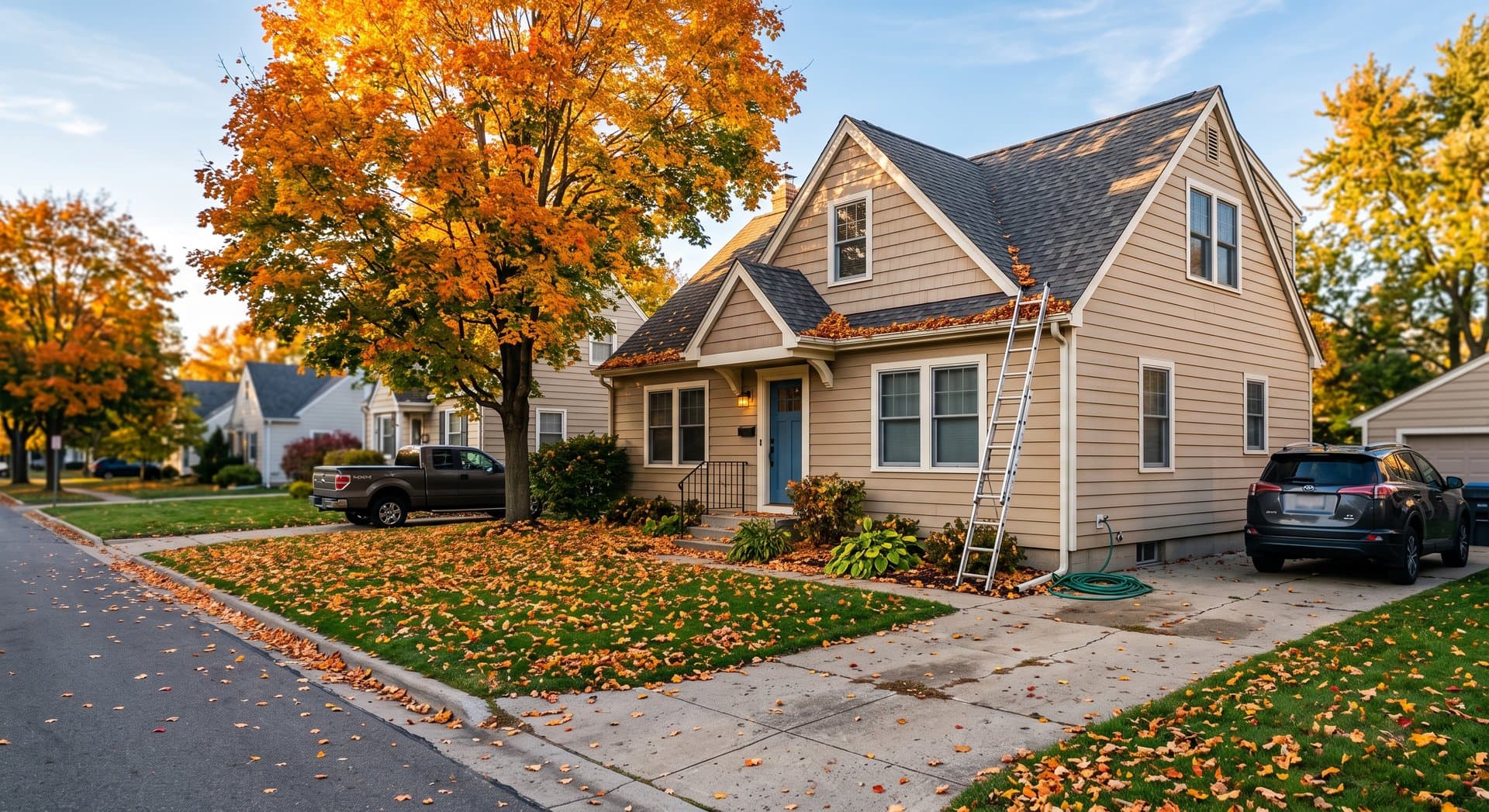 A two-story suburban house on a clear fall afternoon with orange and yellow leaves on the lawn, a ladder leaning near the gutters, and a garden hose coiled on the driveway