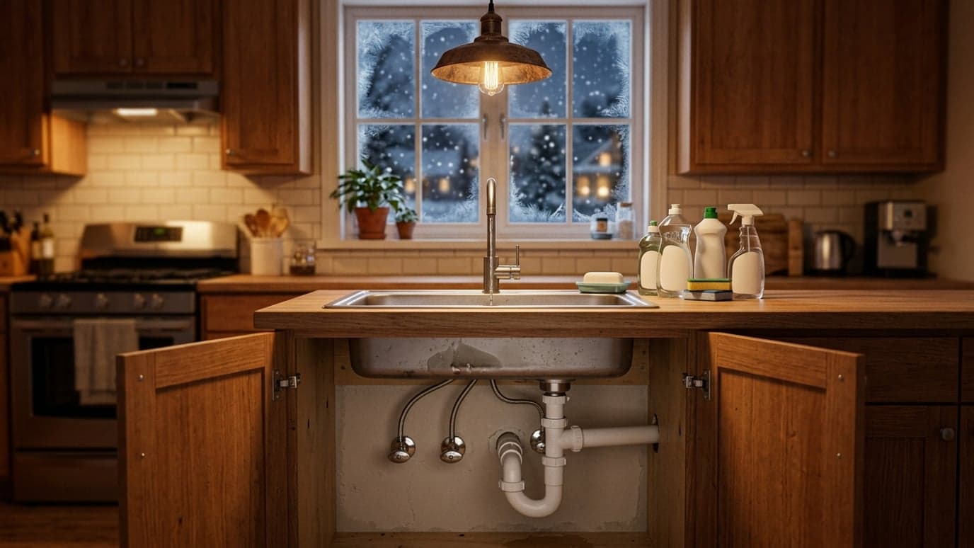 Open kitchen sink cabinet doors on a cold winter evening, showing the water supply lines underneath, with frost on the window above the sink