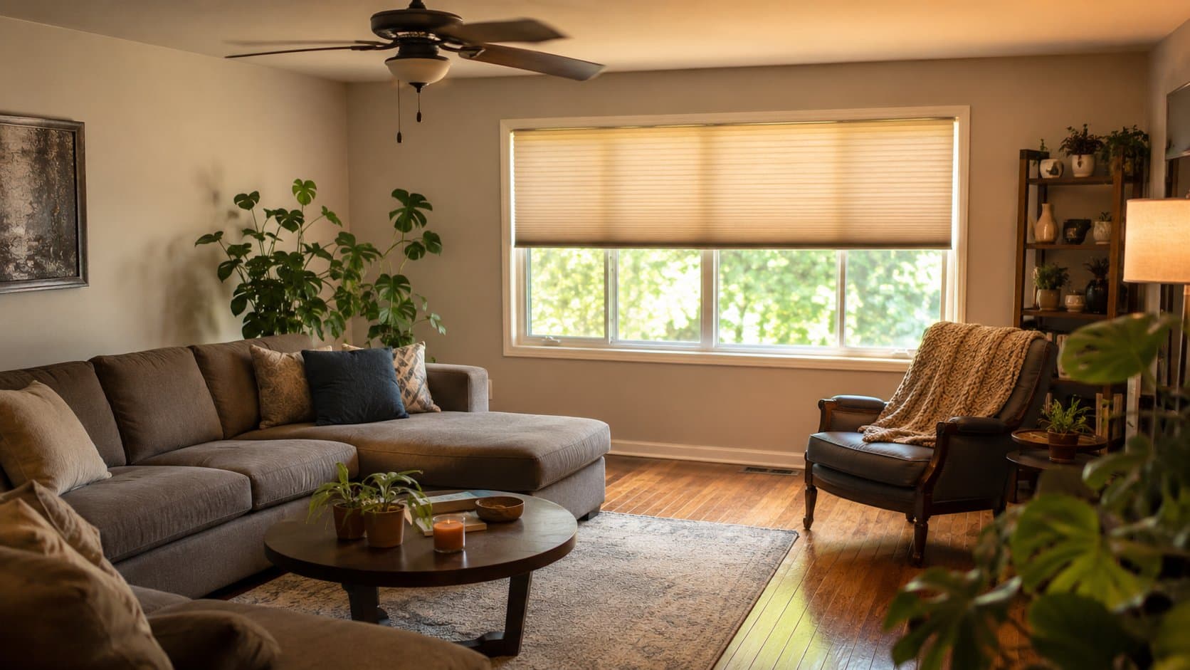 A bright, comfortable living room on a summer afternoon with the blinds lowered on a sunny window and a ceiling fan running overhead