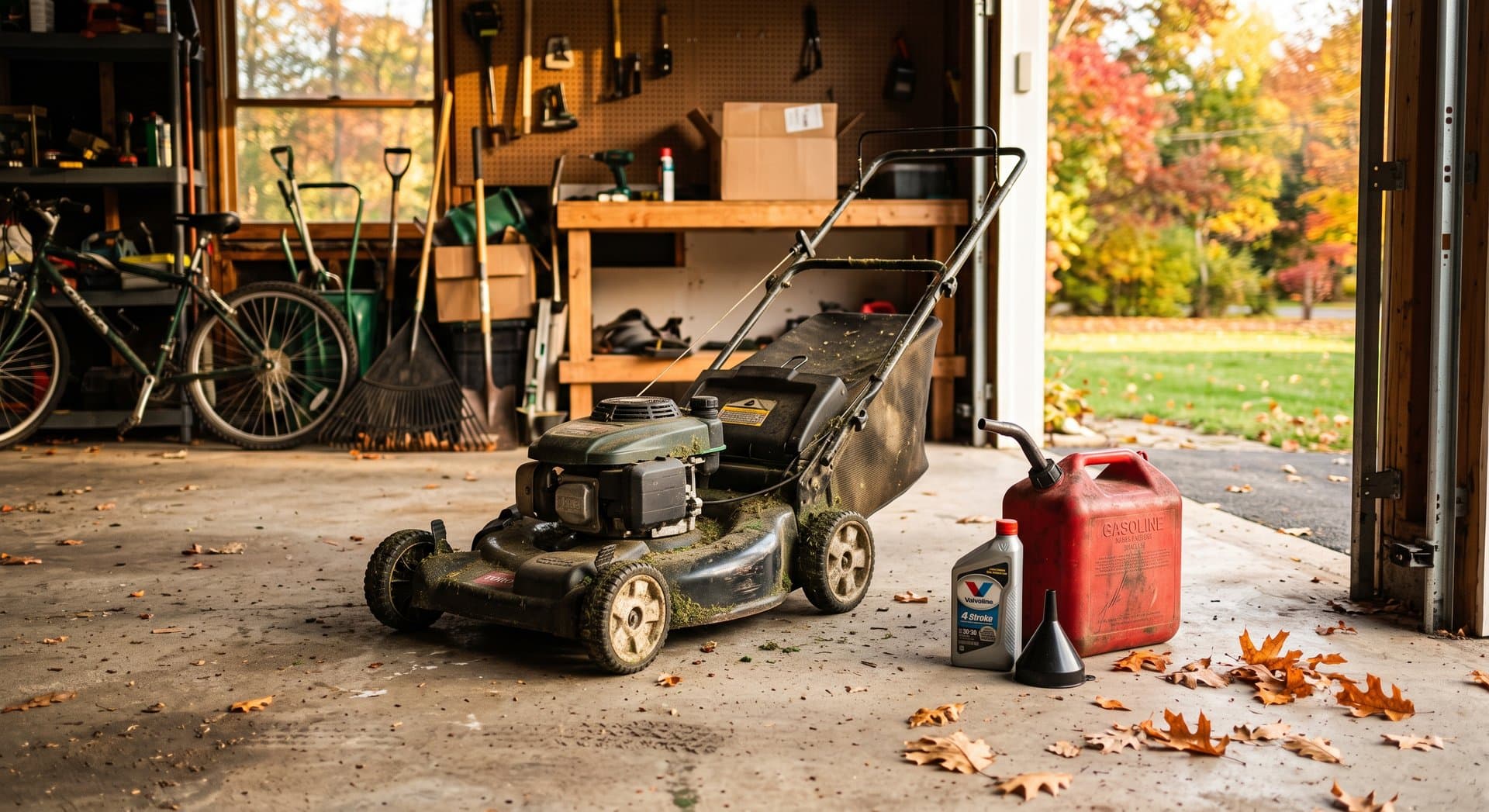 A walk-behind lawn mower parked on a garage floor beside a gas can and a quart of oil at the end of the mowing season