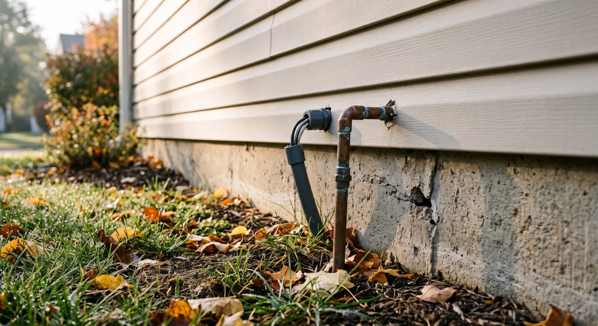 The base of a house exterior on an early fall morning, showing the joint where siding meets the concrete foundation and a utility pipe entering through the wall