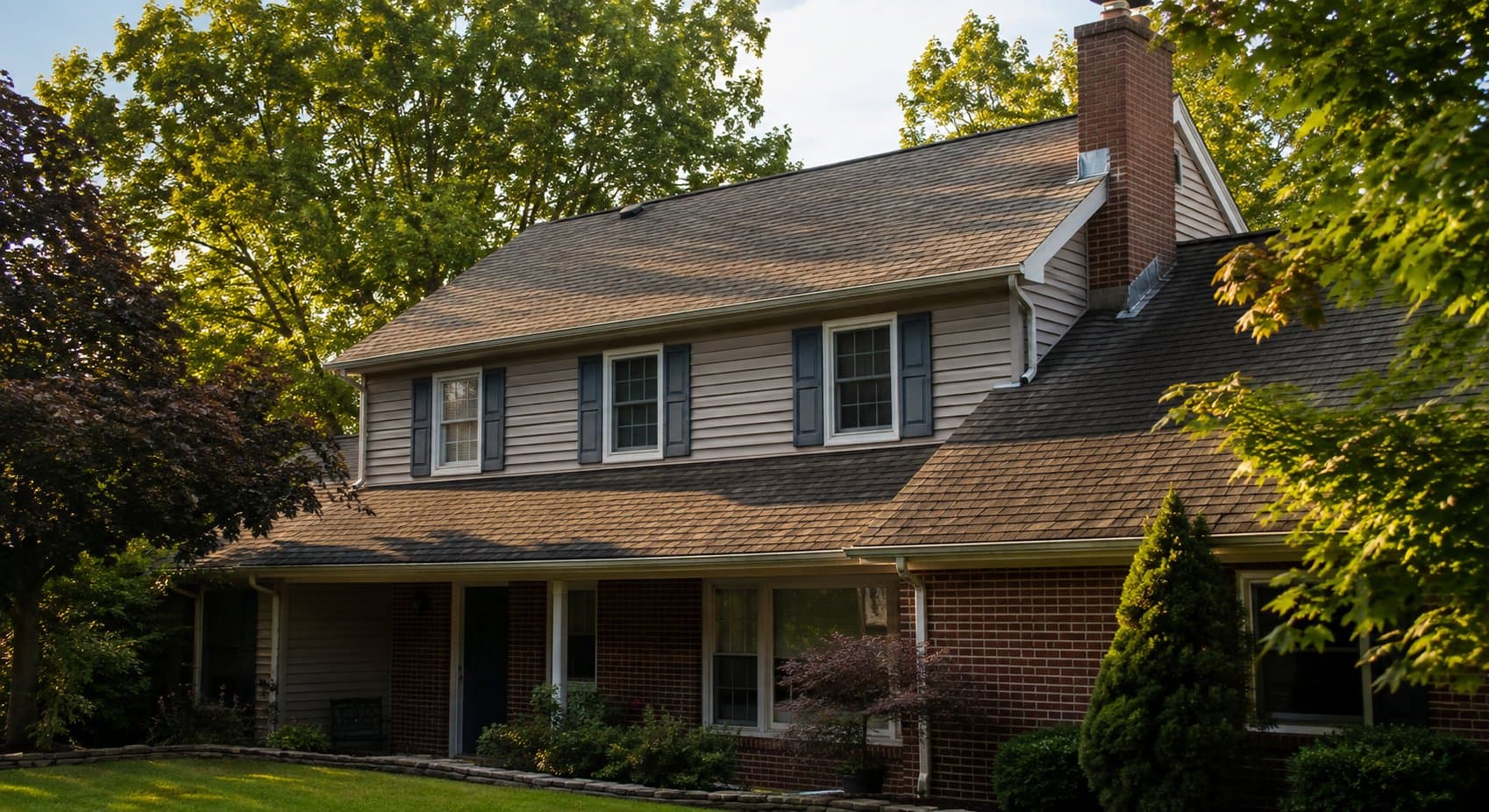 A suburban house photographed from the front yard on a late summer afternoon, with the full roof slope, gutters, and chimney flashing visible in raking light