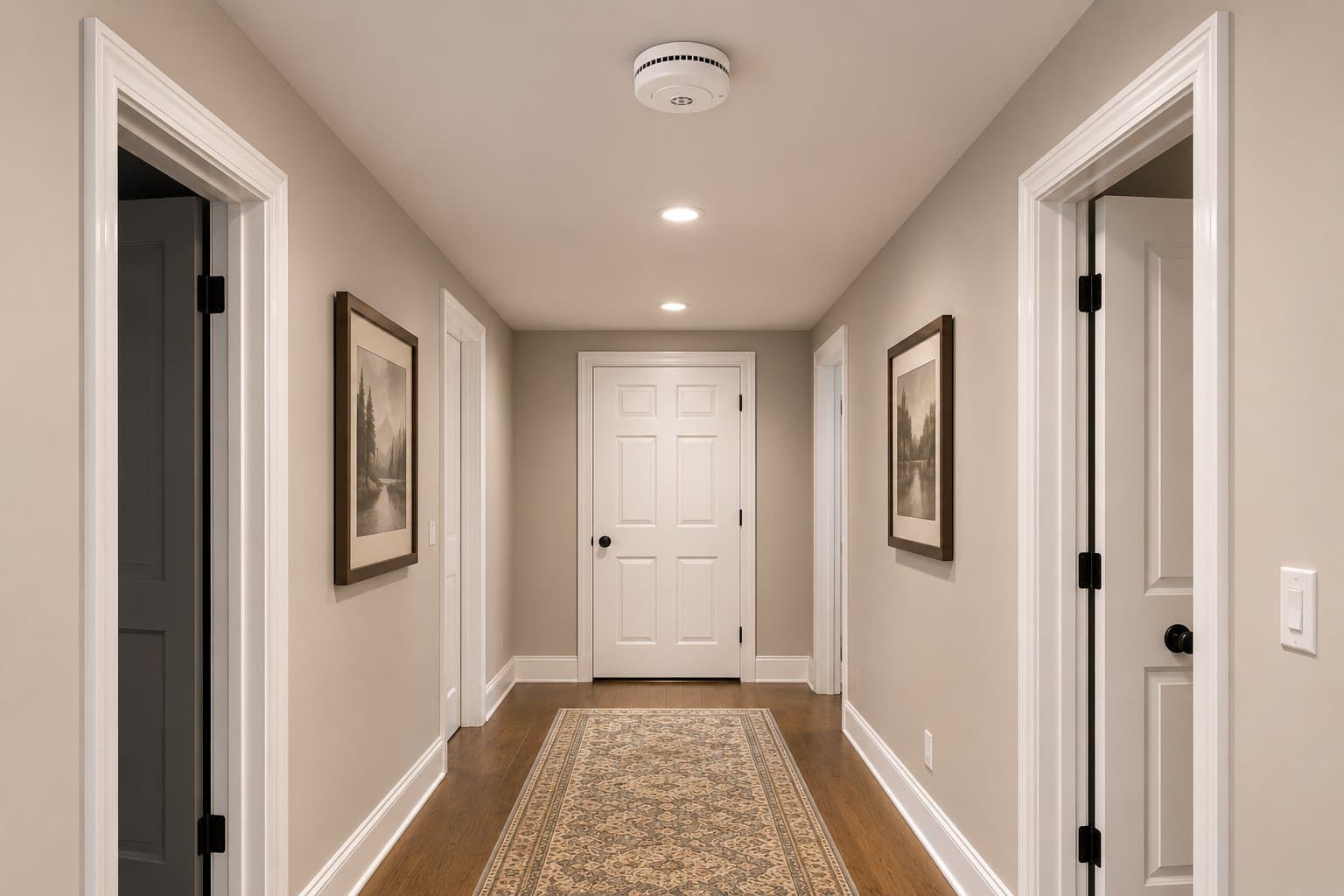 A residential ceiling-mounted smoke and carbon monoxide alarm in a softly lit hallway, with a homeowner's hand reaching up to press the test button