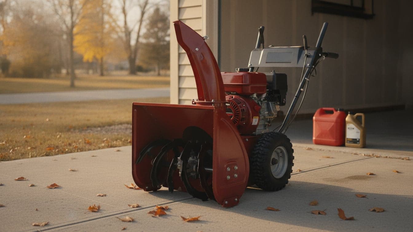 A two-stage snow blower parked on a driveway outside an open garage on a cool fall afternoon, with fallen leaves on the concrete