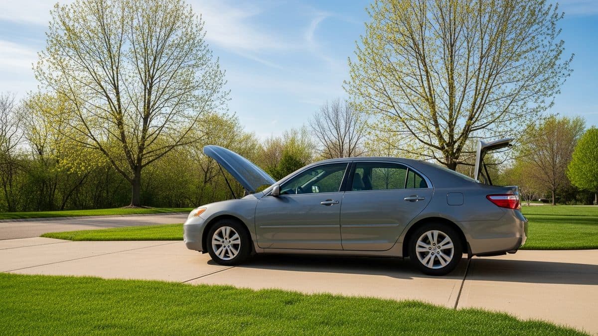 Car parked in a residential driveway on a bright spring morning, hood slightly open for a routine checkup