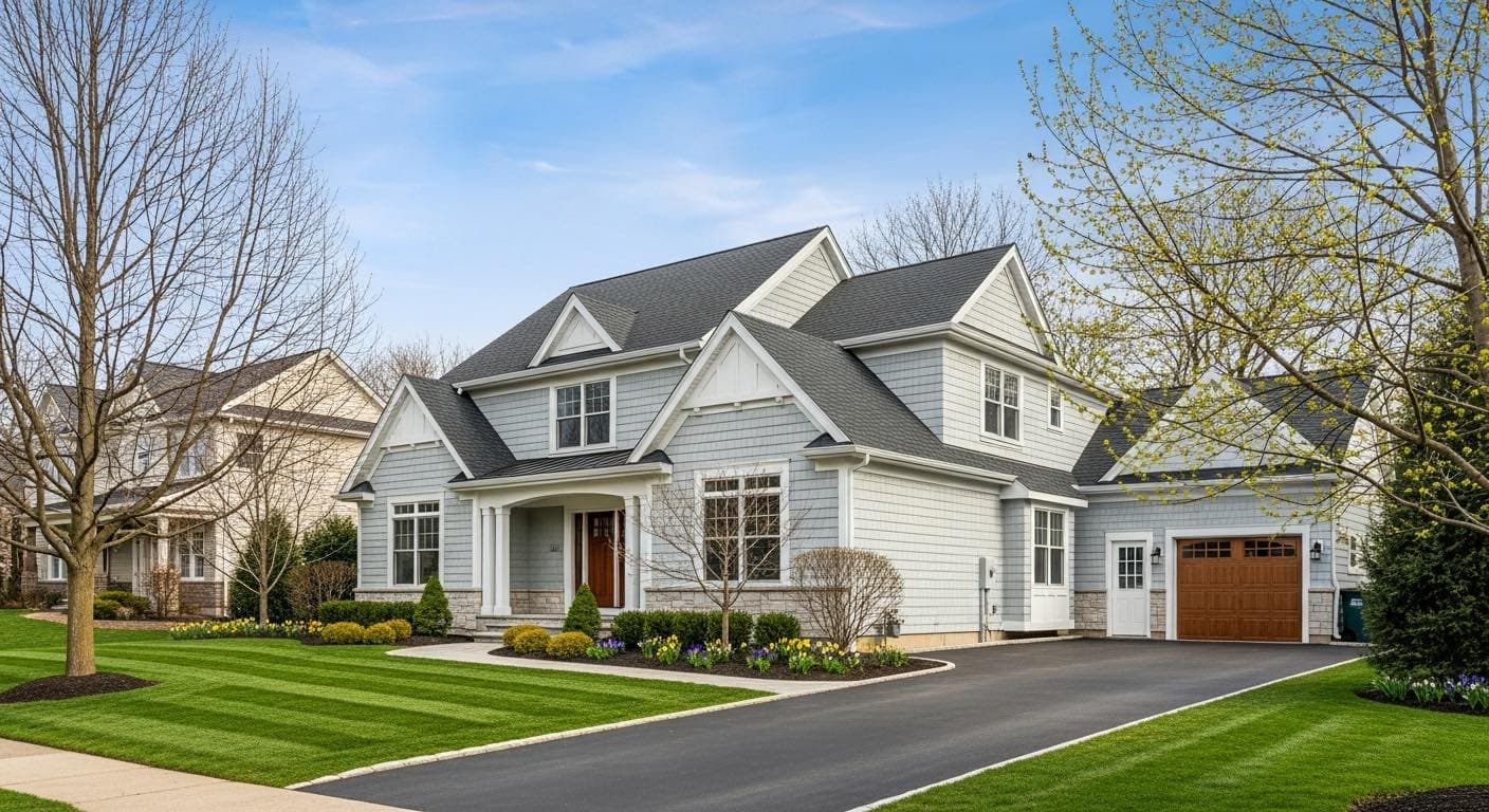 Well-maintained home exterior on a bright spring morning
