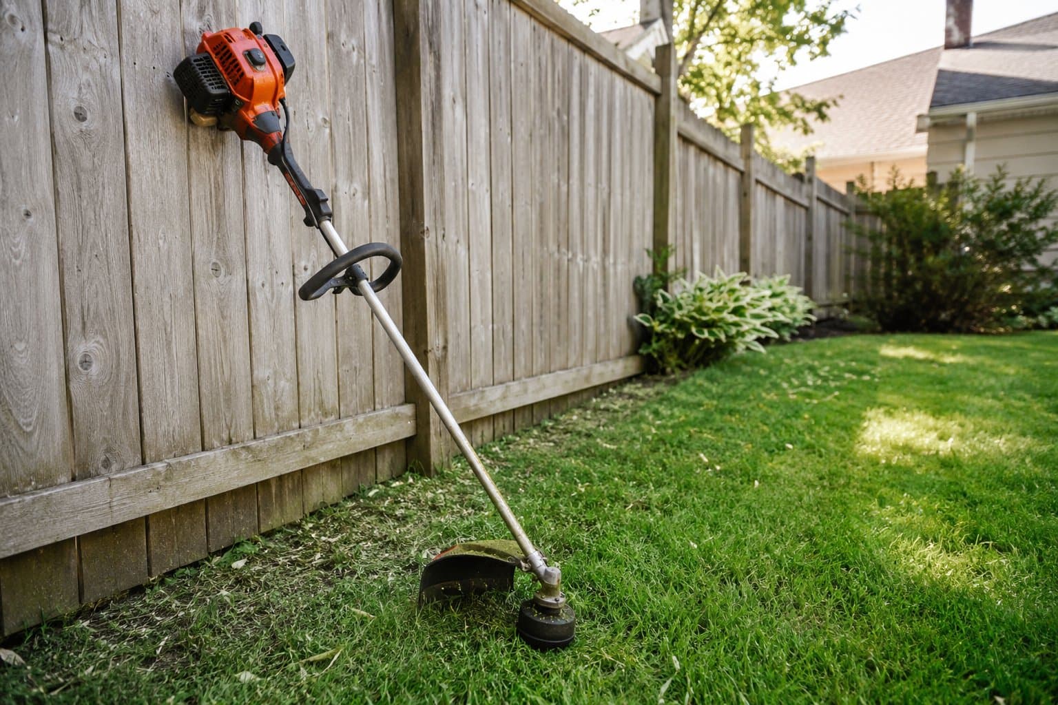 A gas-powered string trimmer leaning against a wooden fence on a sunny spring day in a residential yard