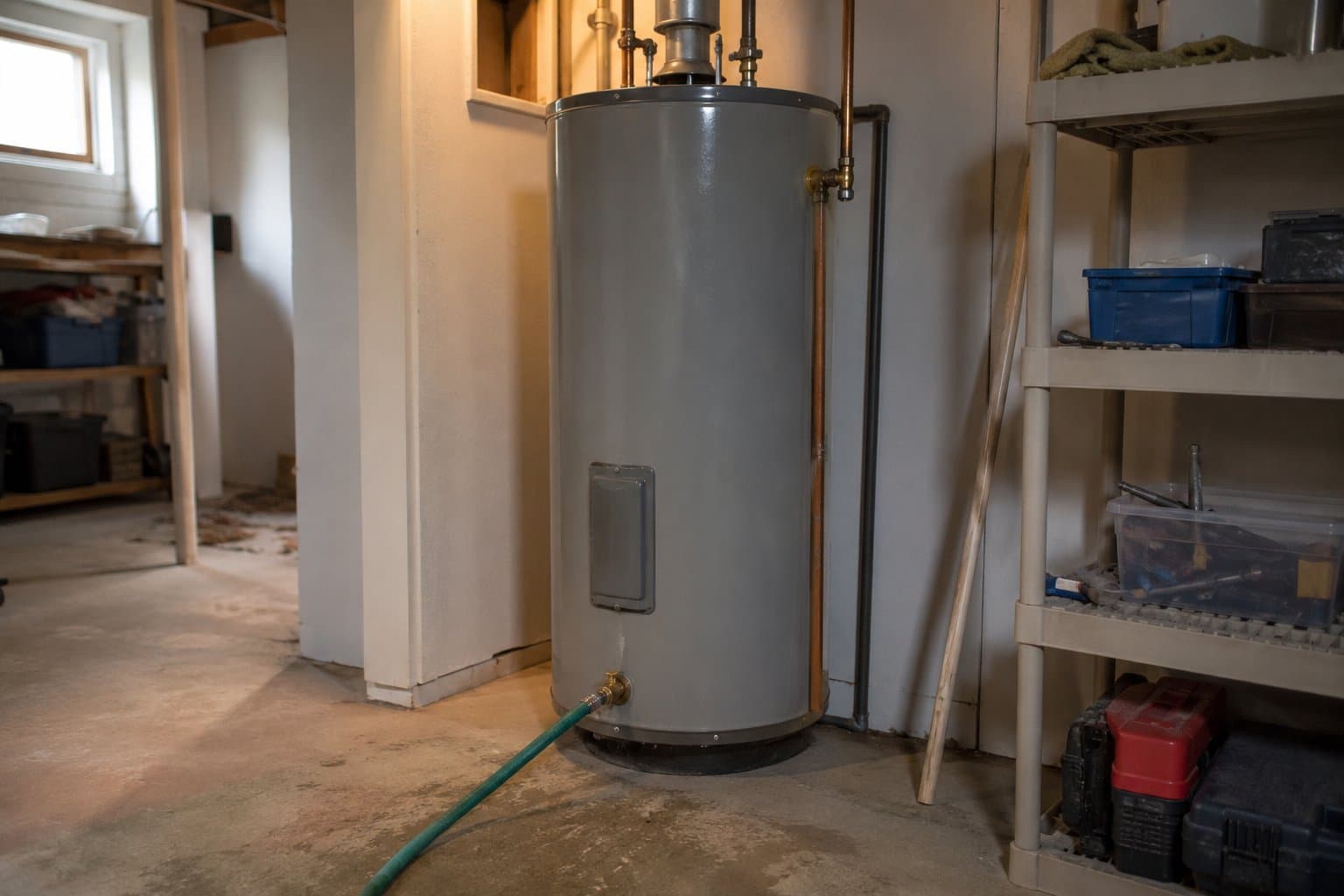 A standard residential tank water heater in a clean basement utility room with a garden hose connected to the drain valve near the floor