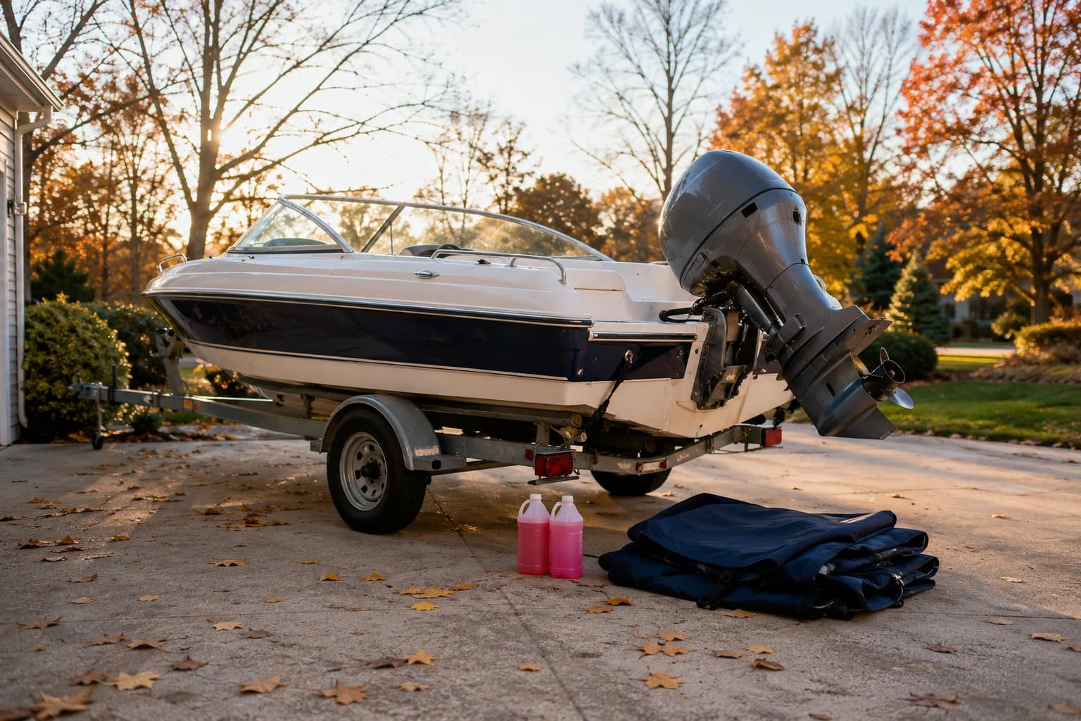 A boat on its trailer in a residential driveway in early fall, engine tilted down, with a folded cover and jugs of pink marine antifreeze on the ground beside it