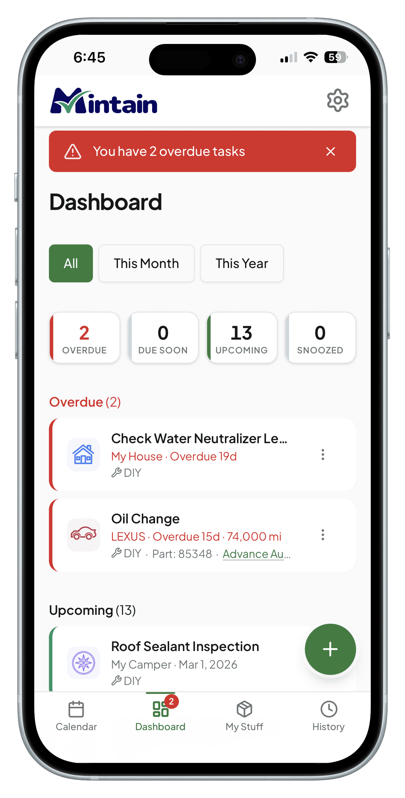 Mintain app dashboard showing maintenance tasks for home, cars, and more